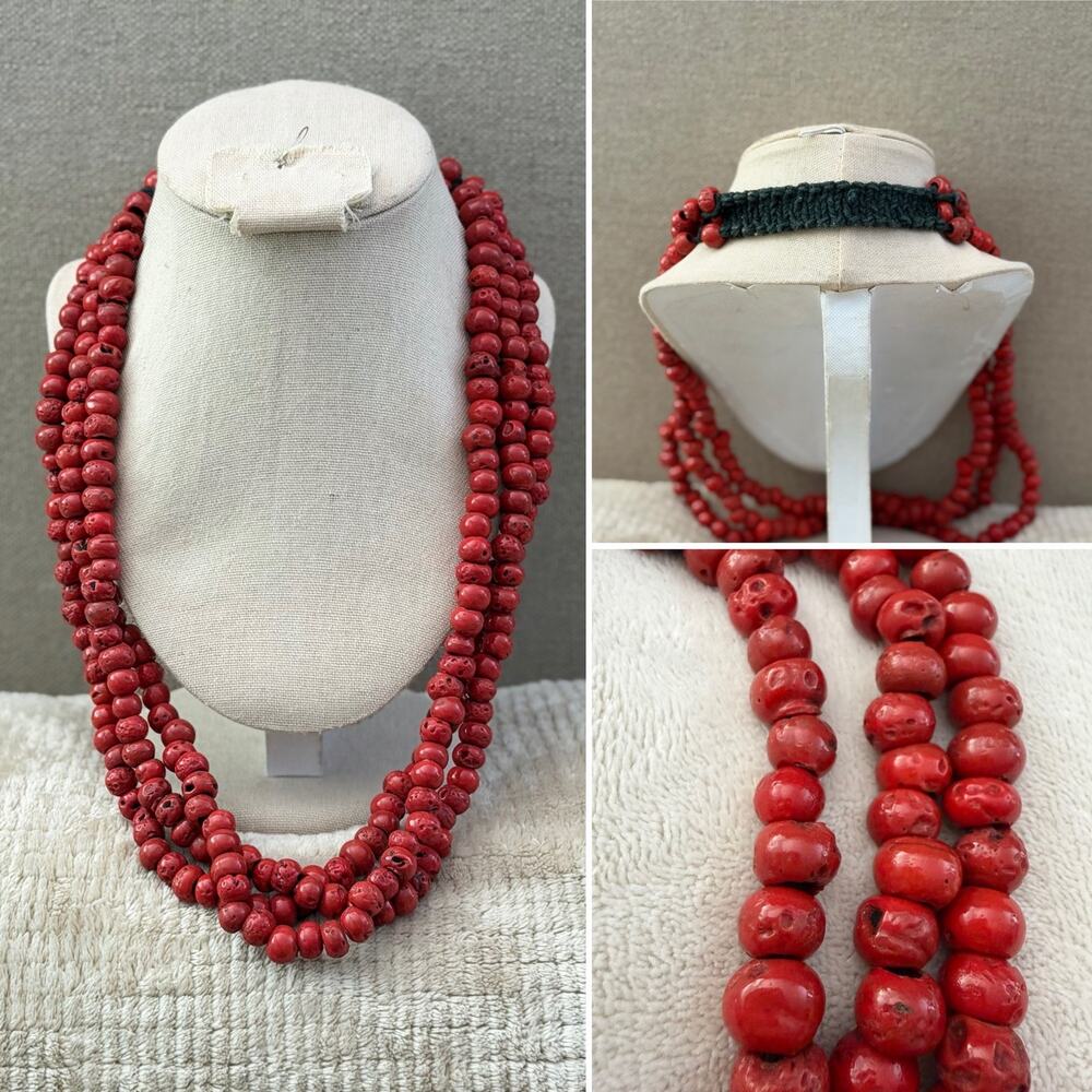 Glass “Sherpa Coral” Beads Triple Strand Rope Detail Necklace